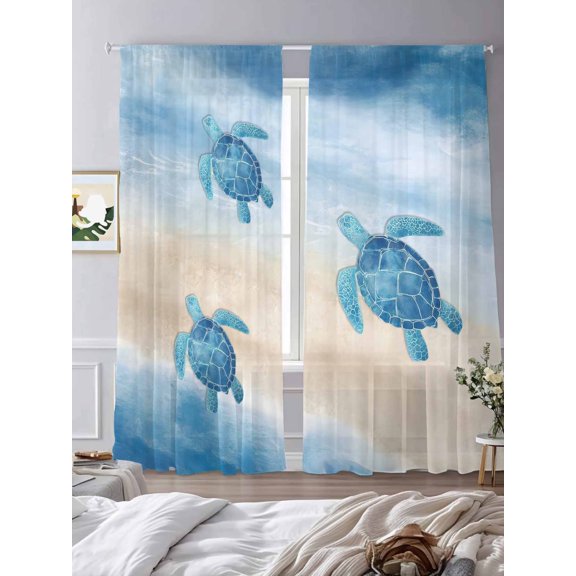 Blue Ocean Gradient Weaves Sheer Curtains 2 Panels Set Summer Beach Sea Turtle Lihgt Filtering Rod Pocket Voile Drape,Semi Sheer Window Curtains for Bedroom Living Room,52"x84"