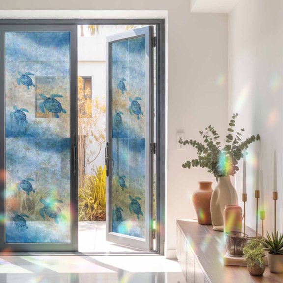 Blue Ocean Gradient Weaves Window Privacy Film, Rainbow Film Decorative Window Sticker 23.6x78.7in, Summer Beach Sea Turtle Sun Blocking Static Stained Glass Cling Tint Non-Adhesive