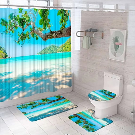 Blue Ocean Island Tropical Fish Shower Curtain Set Sea Palm Tree Scenery Bathroom Screen Anti-slip Bath Mat Toilet Lid Cover Rug