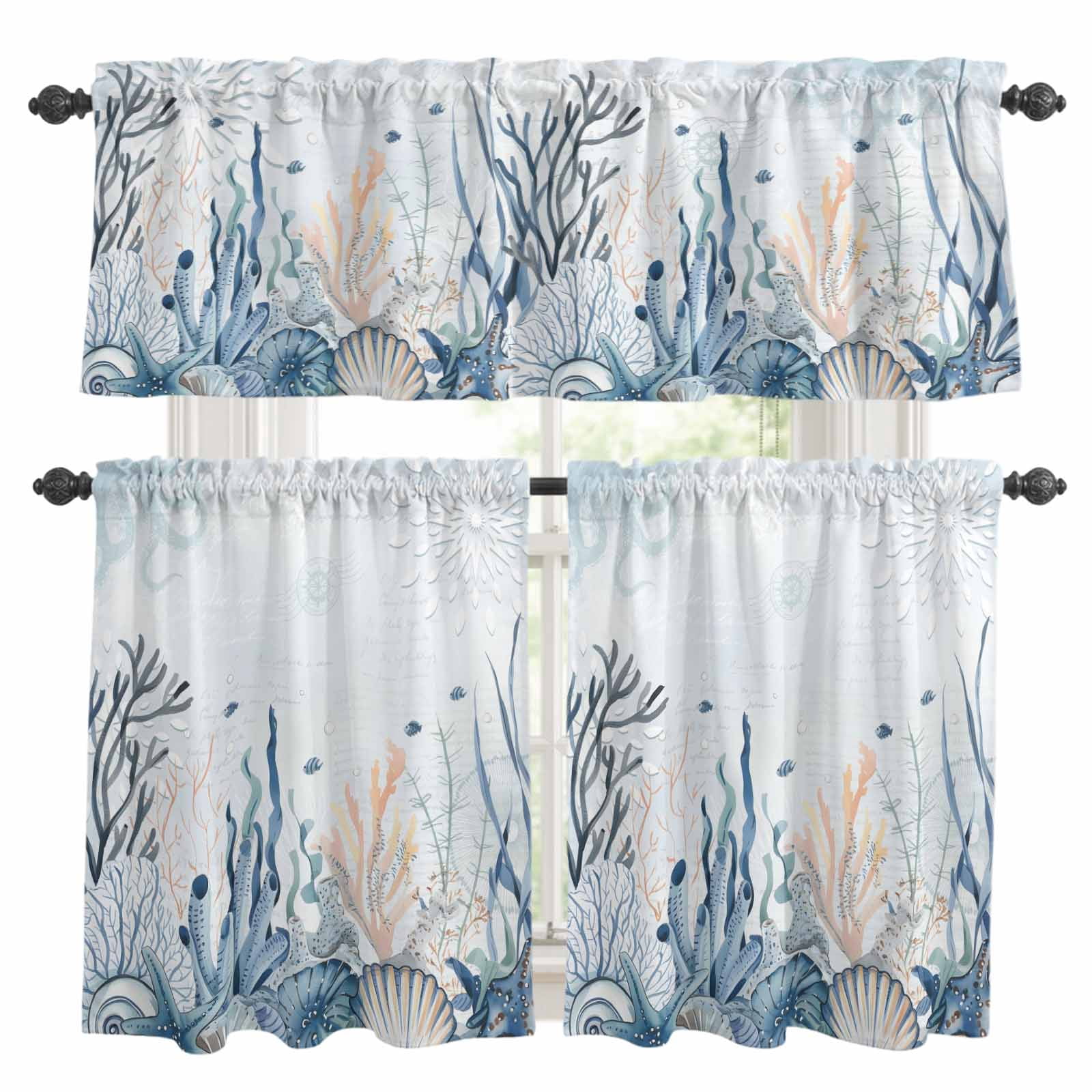Blue Ocean Kitchen Curtains Set for Windows, Coral Starfish Seagrass ...
