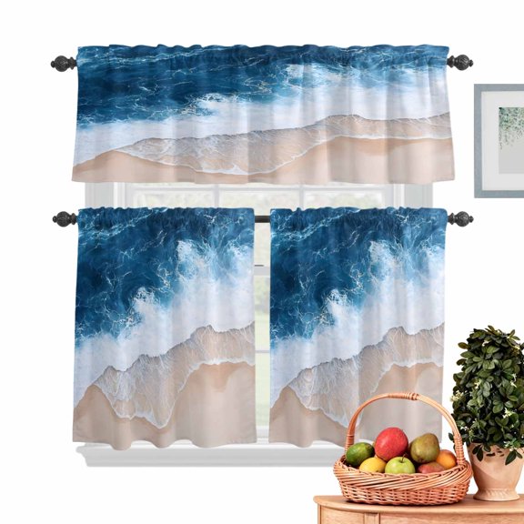 Blue Ocean Kitchen Curtains Valances 3 Piece Set, Wave Beach Abstract Seaside Scenery Nature Rod Pocket Tier Curtain and Valance Drapes for Small Window 24 Inch Length for Bedroom Cafe