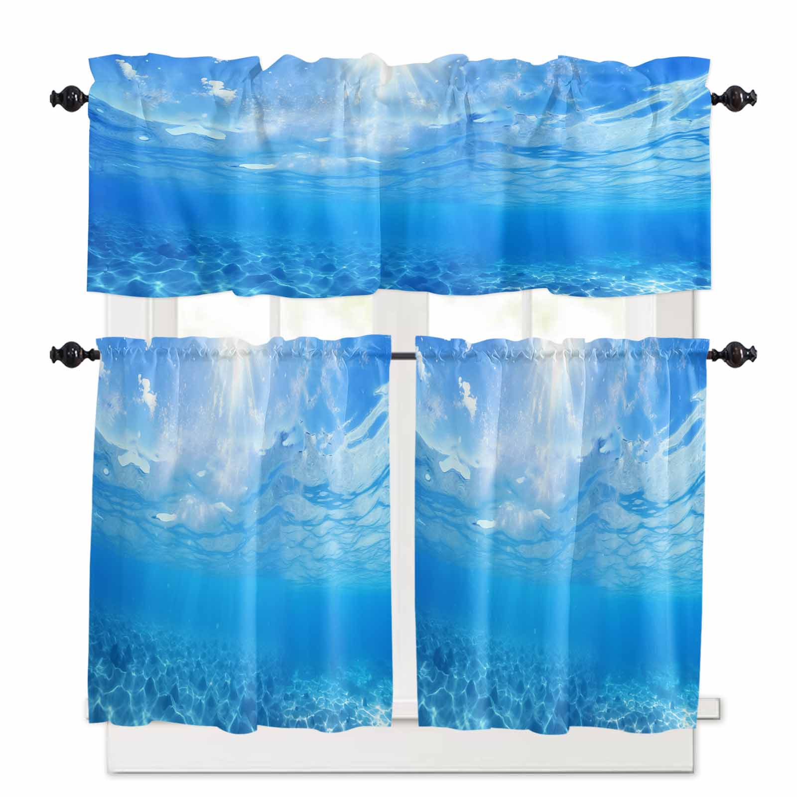 Blue Ocean Kitchen Curtains and Valances Set, Rod Pocket Curtains Tier