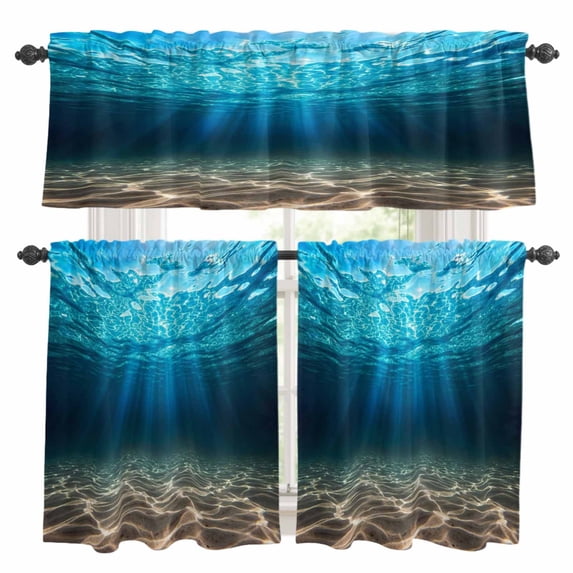 Blue Ocean Kitchen Curtains Valances and Tiers Set of 3 Underwater World Clear Water Ripple Sunlight Tier Curtains and Valance with Rod Pocket for Small Windows, 27.5"x24"