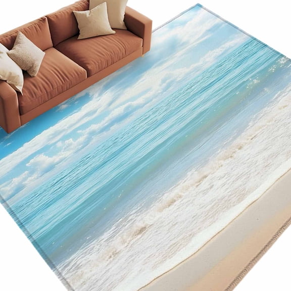 Blue Ocean Large Area Rugs for Bedroom Living Room, Soft Non Slip Carpet Bedside Rug, Coastal Sea Beach Shore Sky Waves Scenery Rectangular Floor Cover Kitchen Accent Rug 8'x10' for Office