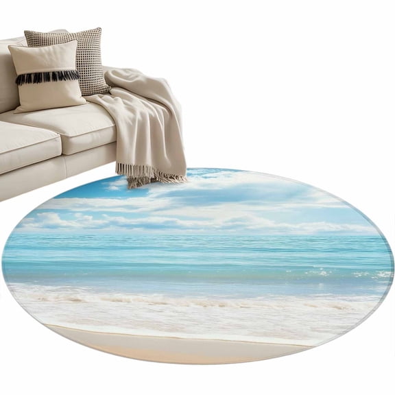 Blue Ocean Large Area Rugs for Bedroom Living Room, Soft Non Slip Carpet Bedside Rug, Coastal Sea Beach Shore Sky Waves Scenery Round Floor Cover Kitchen Accent Rug 3' for Dining Room/Office