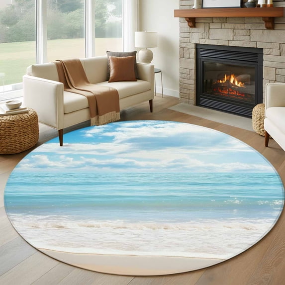 Blue Ocean Large Round Rug 8 FT, Non Slip Living Room Area Carpet, Coastal Sea Beach Shore Sky Waves Scenery Washable Soft Circle Rug Non-Shedding Floor Carpet for Bedroom Office Dining Room