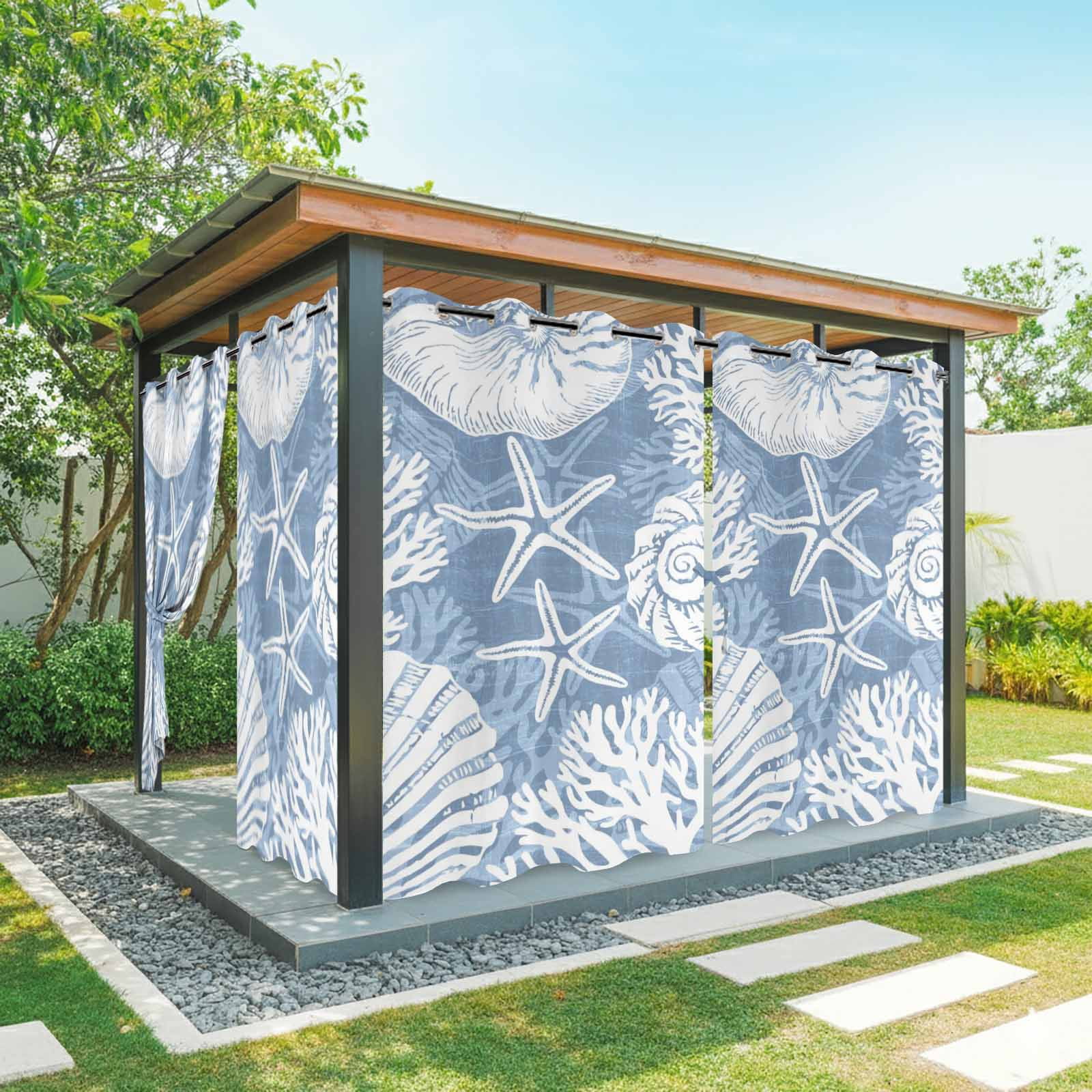 Blue Ocean Life Outdoor Curtains for Patio, Coastal Starfish Nautical Shell Conch Coral Sunshade Privacy Drapes Grommet Waterproof Outside Curtains for Porch/Cabana/Balcony 54"x 108", 1 Panel