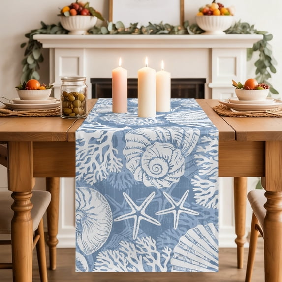 Blue Ocean Life Table Runner, Coastal Starfish Nautical Shell Conch ...