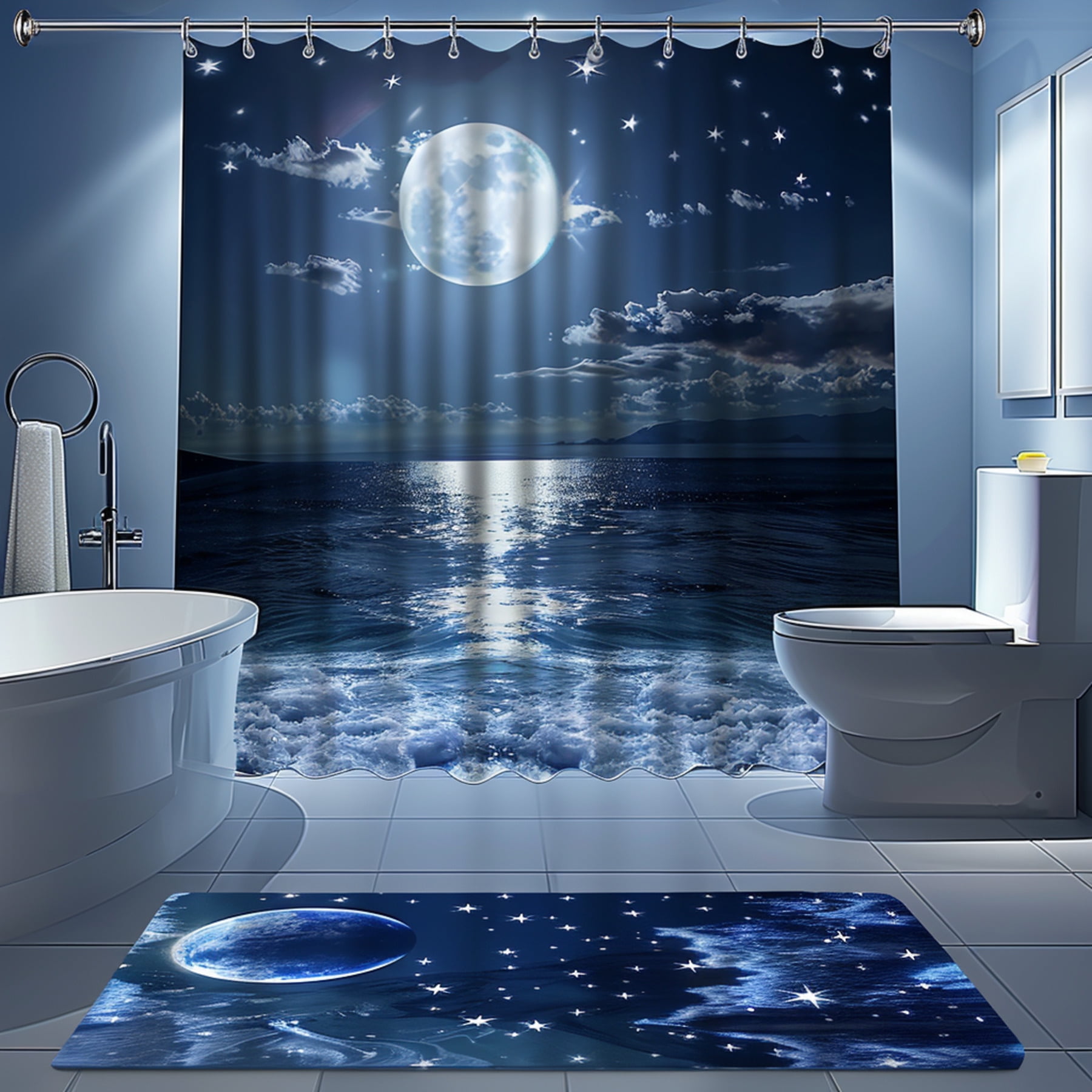 Blue Ocean Moonlight Shower Curtain Hyperrealistic Night Scene with Stars Waves and Moon