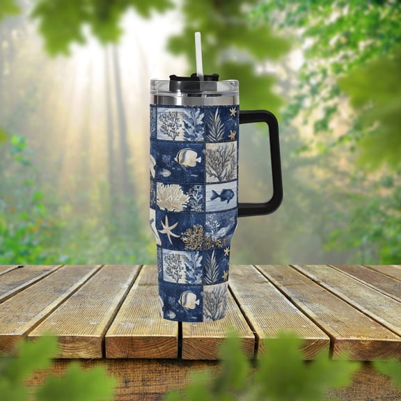 Blue Ocean Nautical 40oz Stainless Steel Tumbler With Handle Lid and Straw, Underwater Fish Drink Cup, Travel Tumbler, Fun Tumbler Gift