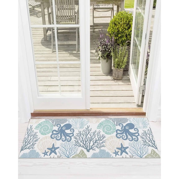 Blue Ocean Octopus Front Door Mat Nautical Sea Watercolor Teal Shells Coral Starfish Welcome Doormat Indoor Outdoor Entrance Floor Mat Non-Slip Washable Runner Rug for Front Porch Decor 16x47 Inch