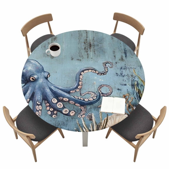 Blue Ocean Octopus Round Fitted Tablecloth Nautical Sea Octopus Starfish Seashell Seaweed Linen Waterproof Elastic Stretch Table Cover for 45"-54" Round Table, Oil Proof Tablecloth for Picnic Dinner