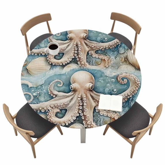 Blue Ocean Octopus Round Fitted Tablecloth Nautical Watercolor Sea ...