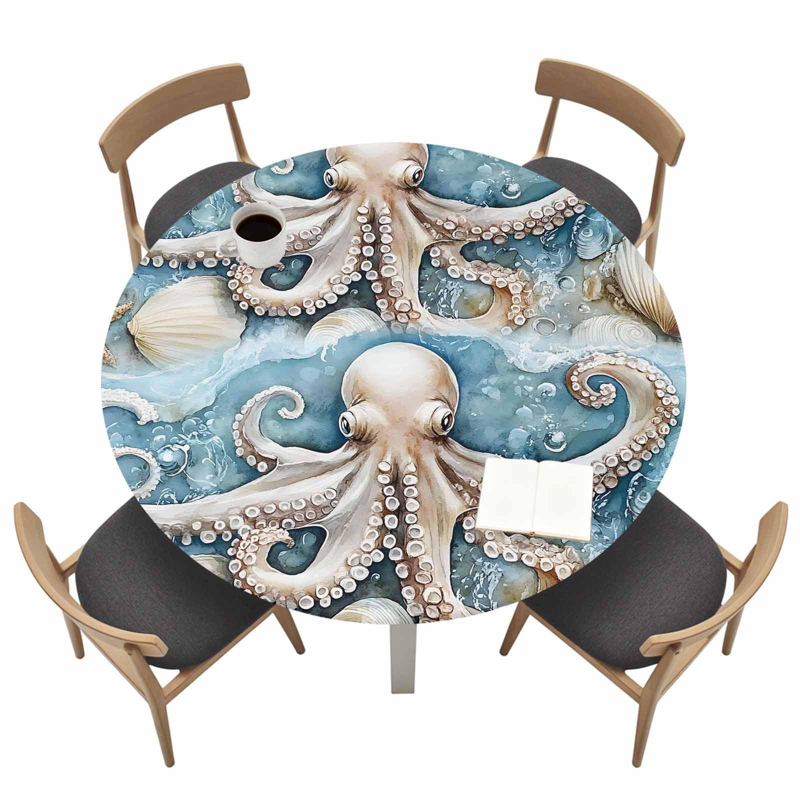 Blue Ocean Octopus Round Fitted Tablecloth Nautical Watercolor Sea ...
