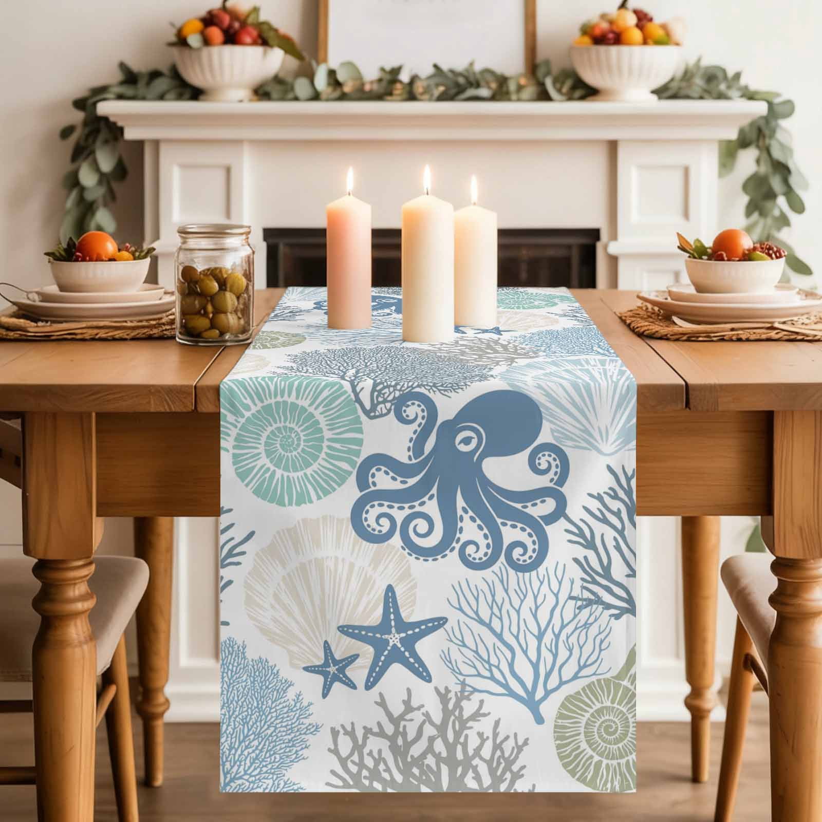 Blue Ocean Octopus Table Runner, Nautical Sea Watercolor Teal Shells ...