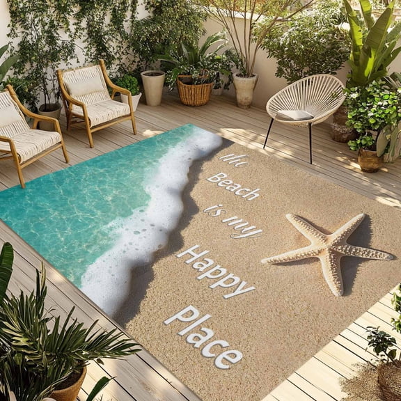 Blue Ocean Outdoor Rug 3x5 Ft - Reversible Patio Rug Outdoor Camping Rugs, Beige Starfish Beach Sunshine Text Washable Indoor Outdoor Area Rugs, Non-Slip Outdoor Carpet Runner for Deck/Porch