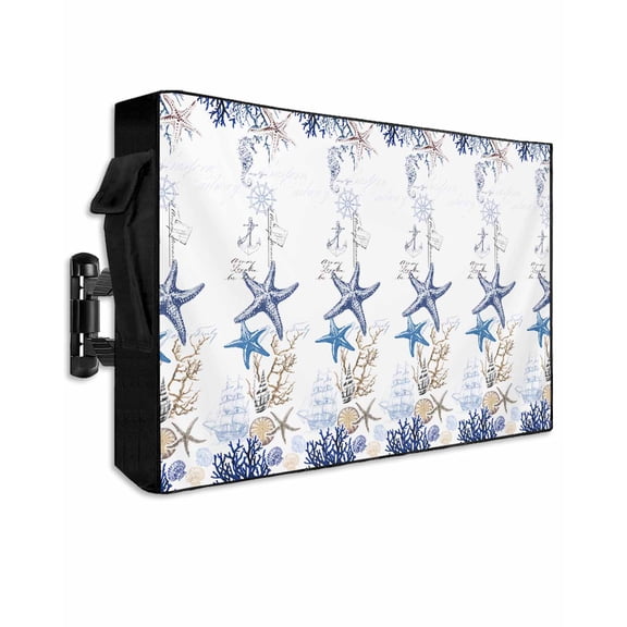 Blue Ocean Outdoor TV Cover 30 to 32 inch Starfish Shell Coral Vintage Nautical Theme Marine Waterproof Dustproof TV Covers for Outside with Zipper Remote Control Pocket Flat Screen Protectors