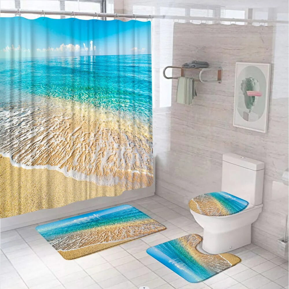 Blue Ocean Palm Tree Scenery Shower Curtain Sets StarConch Beach