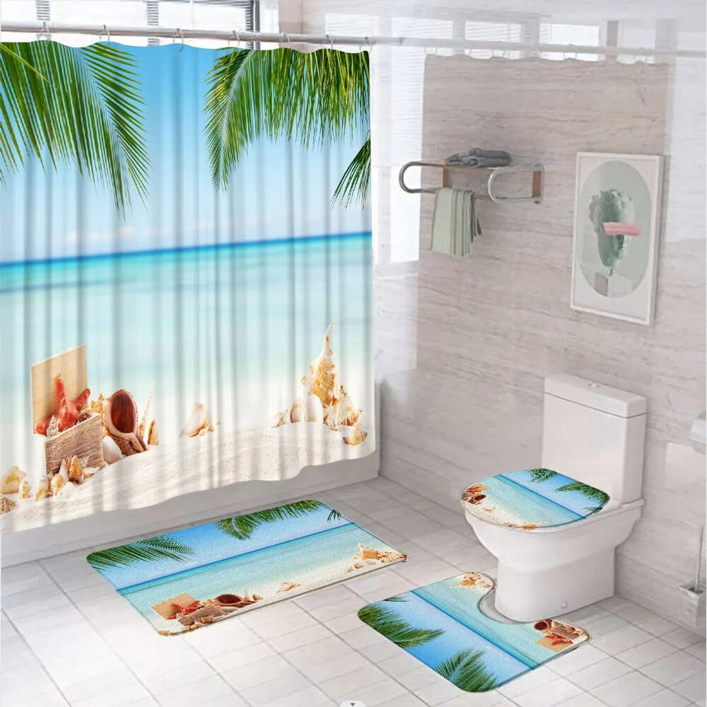 Blue Ocean Palm Tree Scenery Shower Curtain Sets StarConch Beach