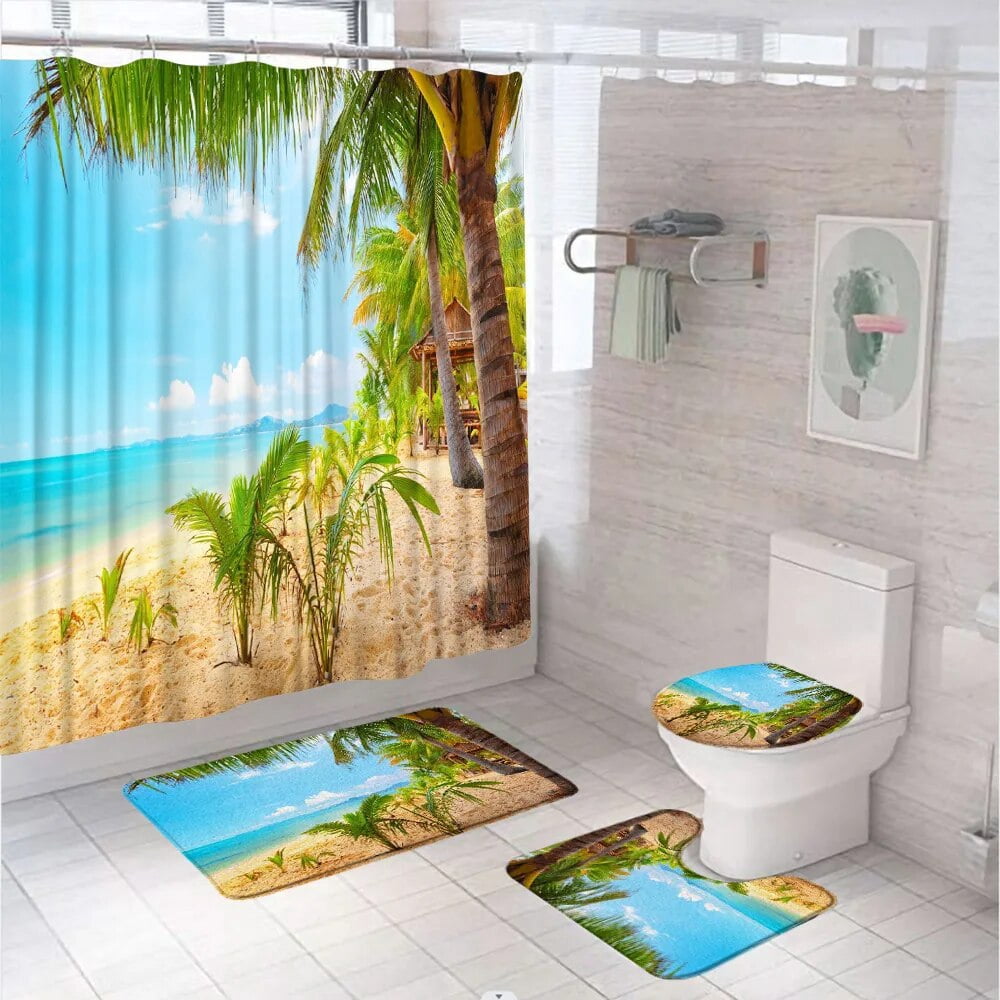 Blue Ocean Palm Tree Scenery Shower Curtain Sets StarConch Beach