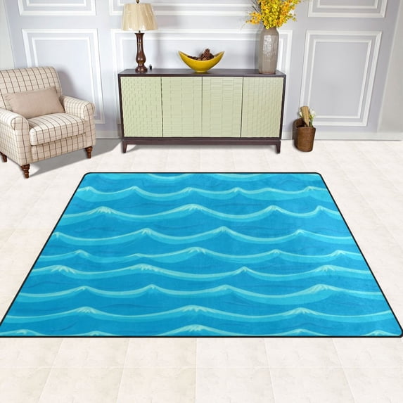 Blue Ocean Pattern 63''x48'' Plush Memory Foam Bath Mat, Soft, Absorbent, Non Slip, Durable