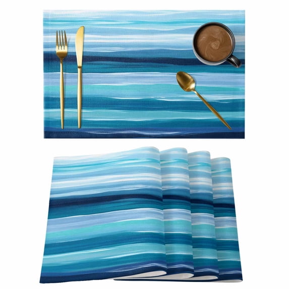 Blue Ocean Placemats Set of 6 Beach Blue Green Stripes Waves Watercolor Place Mats Indoor Wipeable Table Mats Washable Cloth Dining Table Placemats for Kitchen Holiday Party Home Decor 13x19 Inch