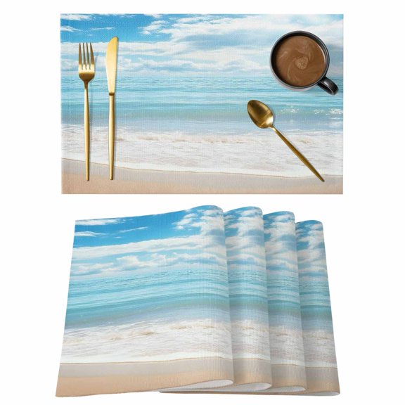 Blue Ocean Placemats Set of 8, Cotton Linen Fabric Place Mats, Coastal Sea Beach Shore Sky Waves Scenery Washable Decorative Table Mats Protector for Home Kitchen Dining Wedding Party Coffee Tables
