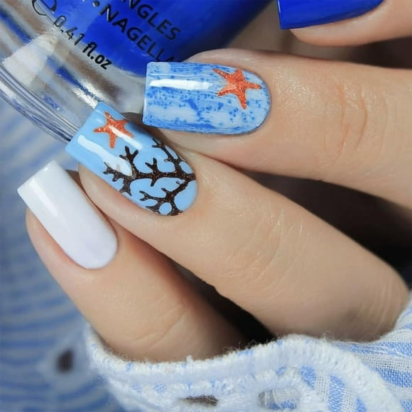 Blue Ocean Press on Nails Medium Square - Summer White Fake Nails Dark Blue False Nails Press ons with Starfish Seaweed Design Full Cover Nail Tips Acrylic Nail Art Kit for Women Girls 24 Pcs