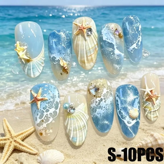 Blue Ocean Press On Nails 10Pcs 3D Starfish Shell, Summer Beach Fake Nails Almond
