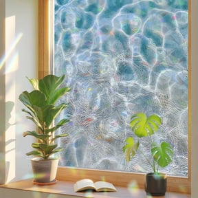 Blue Ocean Privacy Window Film, Decorative Stained Glass Window Film, Underwater Sea Waves Water Ripple Seascape Resuable Rainbow Static Cling for Home Bathroom Living Room Glass Door 17.7"x39.3"