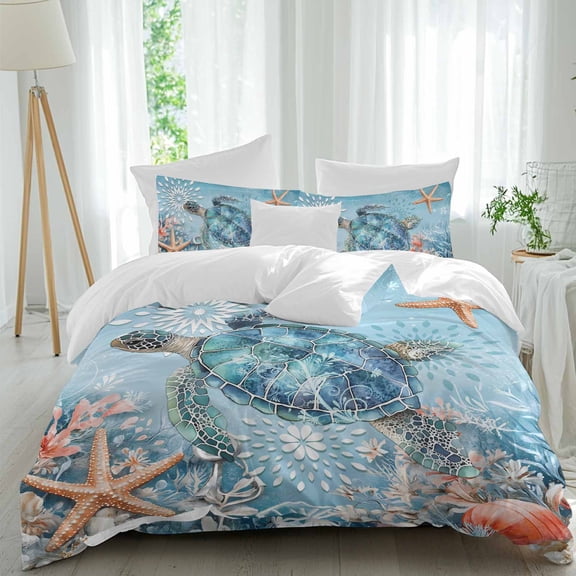 Blue Ocean Queen Size Comforter Set, Sea Turtle Coral Starfish Seashell Bedding for All Seasons, 4 Pcs Bed Set, 1Quiltcover (90"x92") ,1Sheet(94"x116"), 2Pillowcases (30"x20")