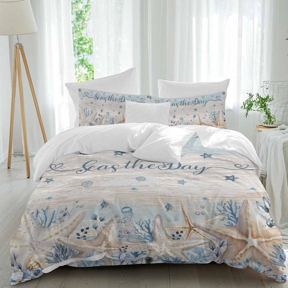 Blue Ocean Queen Size Comforter Set, Seas The Day Floral Jellyfish Starfish Vintage Bedding for All Seasons, 4 Pcs Bed Set, 1Quiltcover (90"x92") ,1Sheet(94"x116"), 2Pillowcases (30"x20")