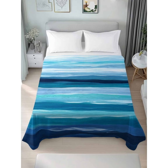 Blue Ocean Queen Size Flat Sheet, Wrinkleproof & Fadeproof Cooling Flat Bed Sheet Only, Beach Blue Green Stripes Waves Watercolor Breathable Soft Bedding Top Sheets 90 x 102 Inches