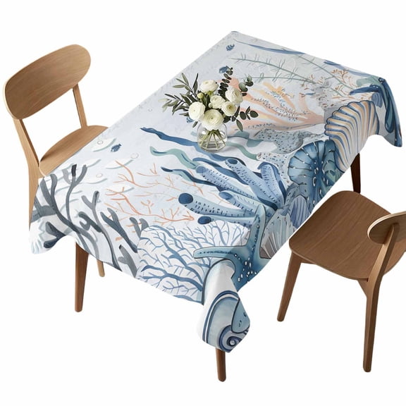 Blue Ocean Rectangle Tablecloth Coral Starfish Seagrass Fish Waterproof Wrinkle Free Soft Table Cloth Spill-Proof Washable Table Cover for Dining Party Picnic 52 x 70 Inch