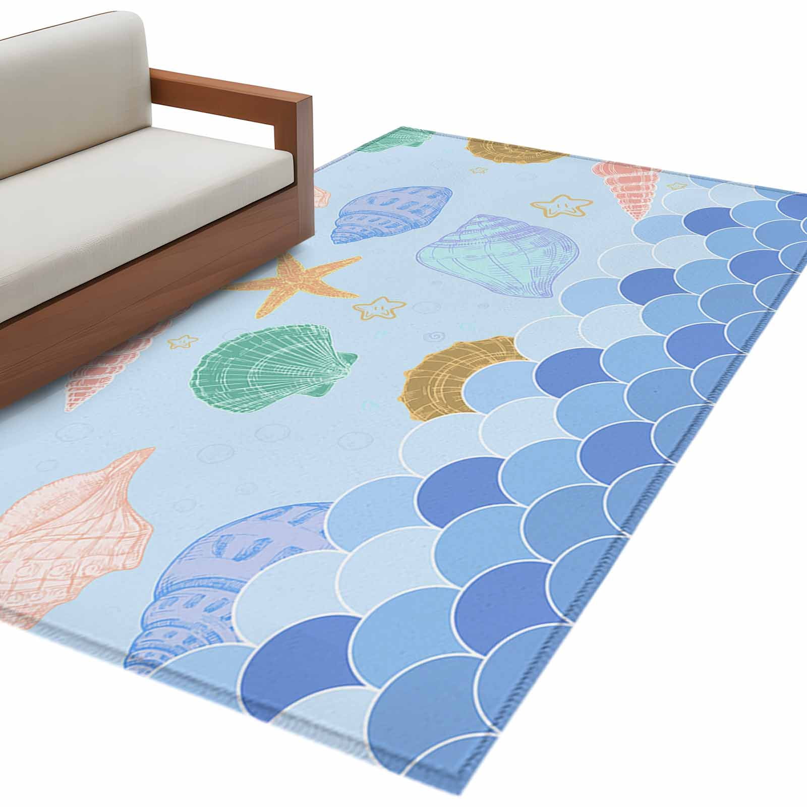 Blue Ocean Rectangle Area Rug 4x6 ft Shell Starfish Mermaid Fish Scales ...
