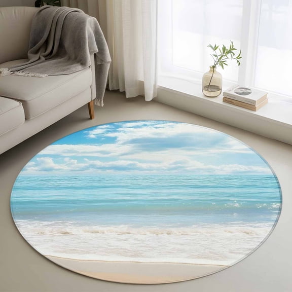 Blue Ocean Round Area Rug 3.3 FT, Non Slip Small Entryway Kitchen Mat, Coastal Sea Beach Shore Sky Waves Scenery Washable Soft Circular Rug Non-Shedding Door Mat for Bathroom Playroom Kids Room
