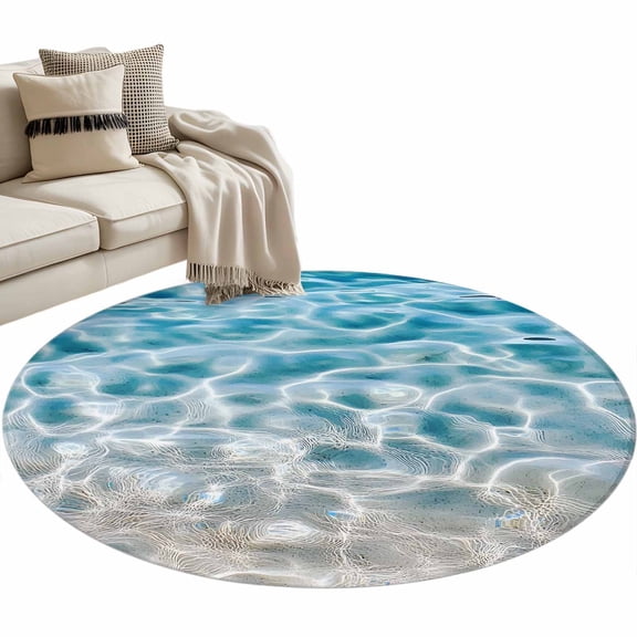 Blue Ocean Round Area Rug 3 FT, Small Kitchen Bathroom Mat, Underwater Sea Waves Water Ripple Seascape Washable Indoor Outdoor Throw Runner Carpet Non-Shedding Doormat for Table Shower Sofa Entryway
