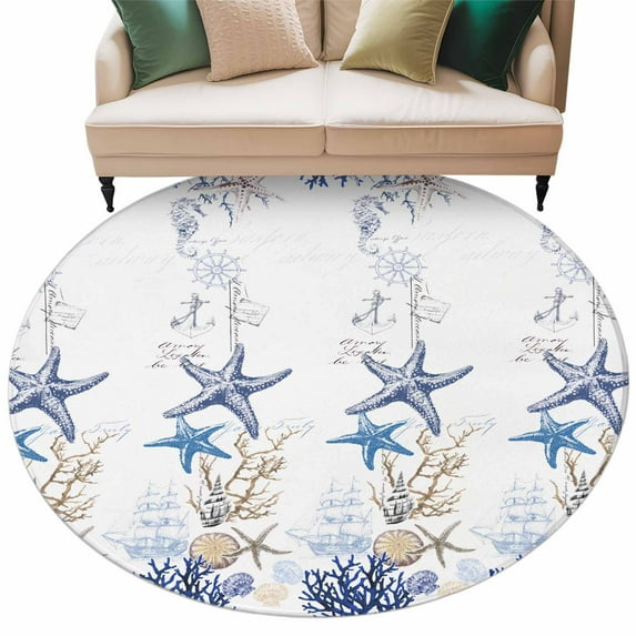 Blue Ocean Round Area Rug 5ft Starfish Shell Coral Vintage Nautical ...