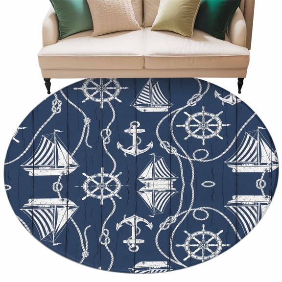 Blue Ocean Round Living Room Rugs 7 ft, Rustic Nautical Coastal Sea Beach Sailboat Anchor Rope Washable Area Rug with Non-Slip Sturdy Edge Binding Round Carpet for Kitchen Office Bedroom