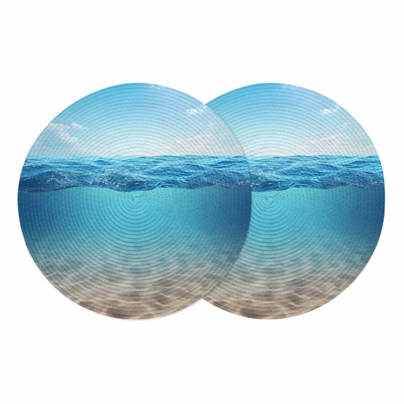 Blue Ocean Round Placemats Set of 2 Summer Beach Sky Waves Sandy Underwater Place Mats Indoor Woven Table Mats Washable Heat-Resistance Braided Dining Table Placemats for Kitchen Party Decor 13 Inch