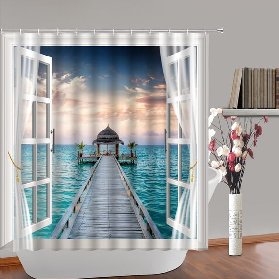 Blue Ocean Sandy Beach Palm Trees Shower Curtains Tropical Sea Window Scenery Bathroom Cur