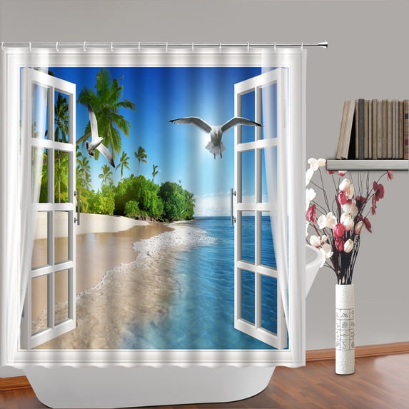 Blue Ocean Sandy Beach Palm Trees Shower Curtains Tropical Sea Window Scenery Bathroom Cur