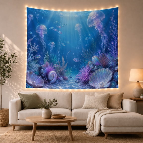 Blue Ocean Sea Turtle with Jellyfish and Coral Reef in a Deep Sea, Calming Coastal for Ocean Lovers, Underwater Wall Decor, Birthday Gift Tapestry Wall Hanging for Bedroom and Living Room
