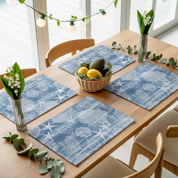 Blue Ocean Sea Turtle Shell Starfish Placemats Set of 4,Wipeable Washable Table Mats for Dining Tables, Abstract Coral Conch Place Mats for Kitchen Event Party Tabletop Decor