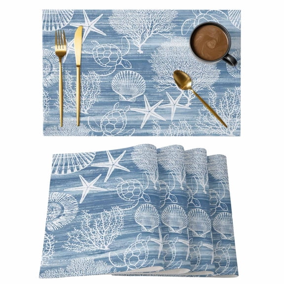 Blue Ocean Sea Turtle Shell Starfish Placemats Set of 6,Wipeable Washable Table Mats for Dining Tables, Abstract Coral Conch Place Mats for Kitchen Event Party Tabletop Decor