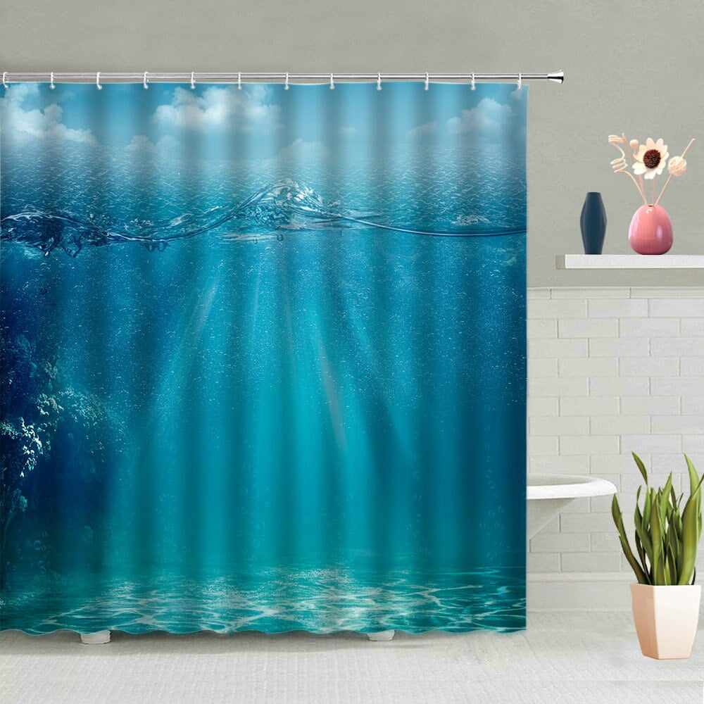 Blue Ocean Seagull Ship Shower Curtain Blue Sky White Cloud Boat Scenery Reef Stone Bathroom