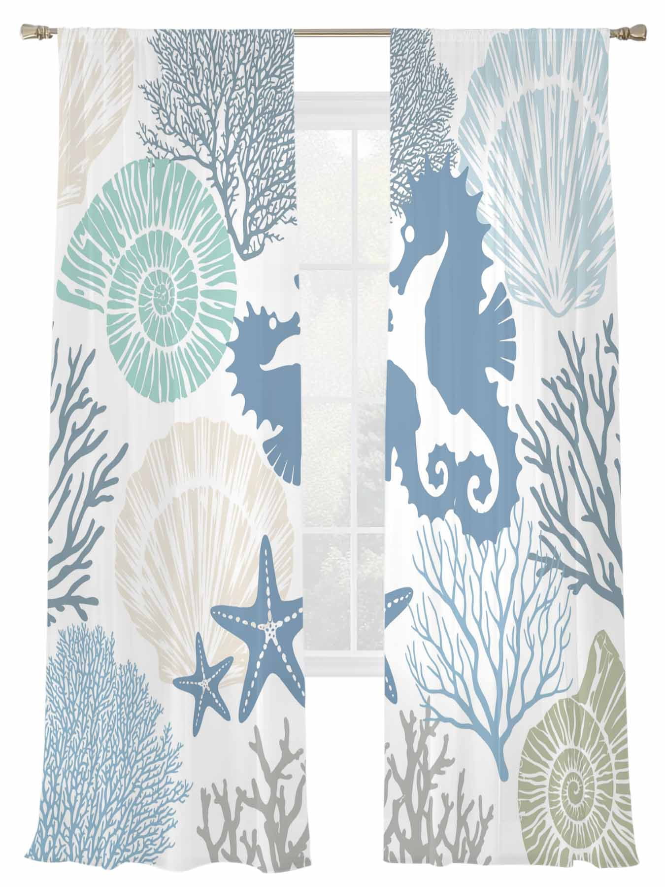 Blue Ocean Seahorse Sheer Curtains 2 Panels Set Nautical Sea Watercolor ...