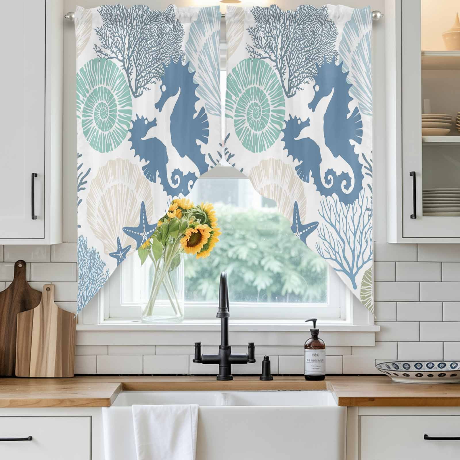 Blue Ocean Seahorse Swag Curtain Valance for Windows, Nautical Sea ...