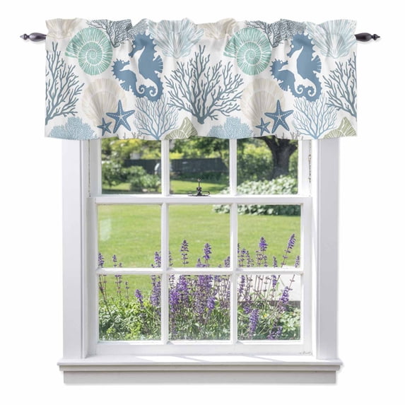 Blue Ocean Seahorse Valance Curtain Nautical Sea Watercolor Teal Shells ...
