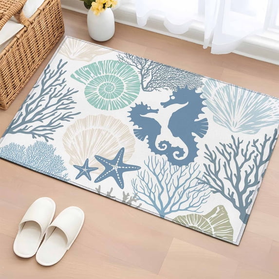 Blue Ocean Seahorse Washable Small Entryway Area Rugs 2'x3', Nautical Sea Watercolor Teal Shells Coral Starfish Low Pile Throw Rug Non-Slip Sturdy Edge Binding Carpet for Front Door Floor Room Entry